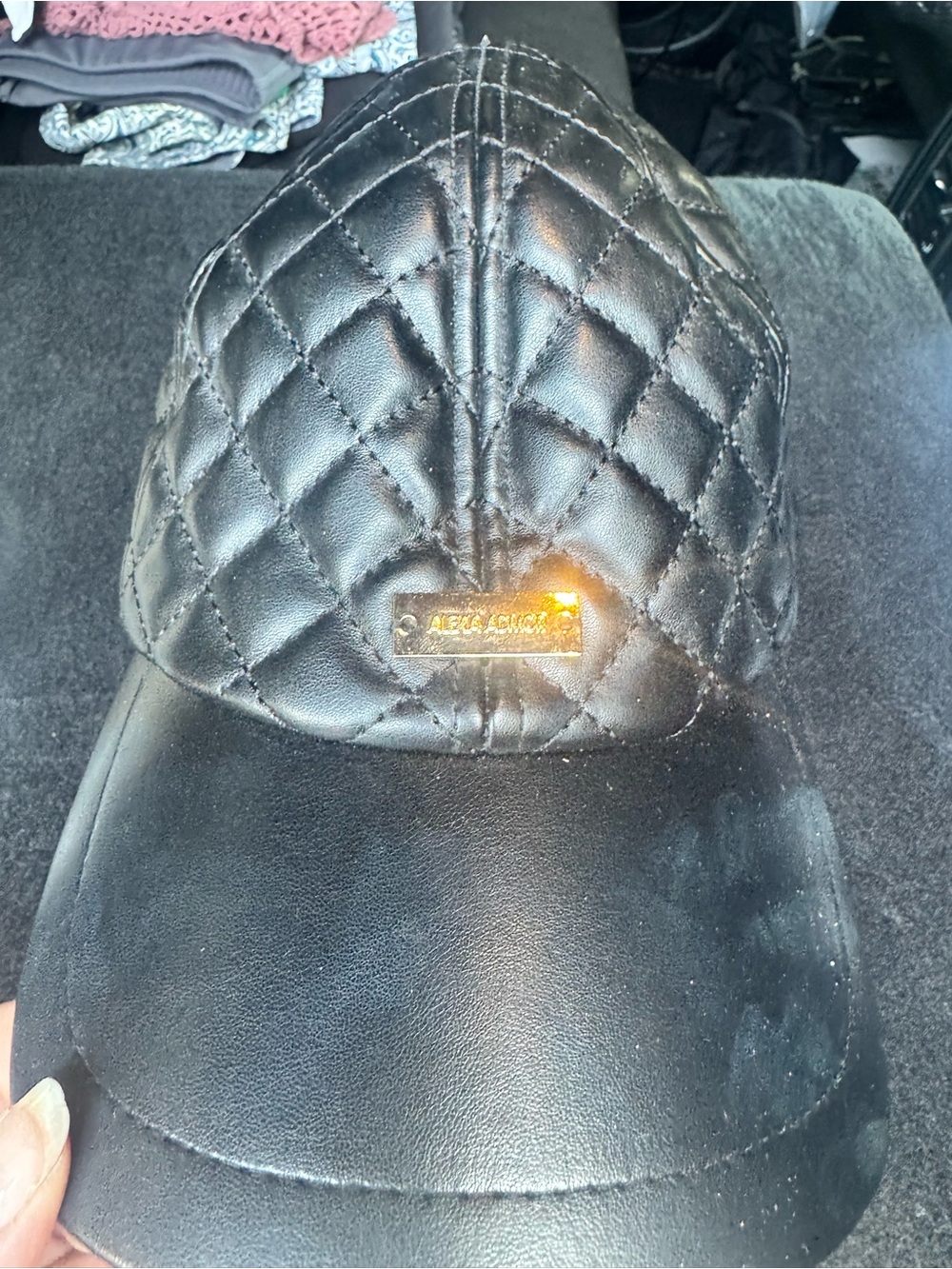 Alexia Admor Black Quilted Leather Baseball Cap with Gold Plaque